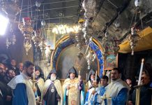 Հայկական կողմը սադրանք է որակում հույն հոգևորականների սարքած կռիվը Սուրբ Ծննդյան տաճարում Իսրայել, Երուսաղեմի Հայոց պատրիարք Նուրհան արքեպիսկոպոս Մանուկյանը և Պատրիարքության միաբանները Բեթղեհեմի Սուրբ Ծննդյան տաճարում, 19 հունվարի, 2020թ.